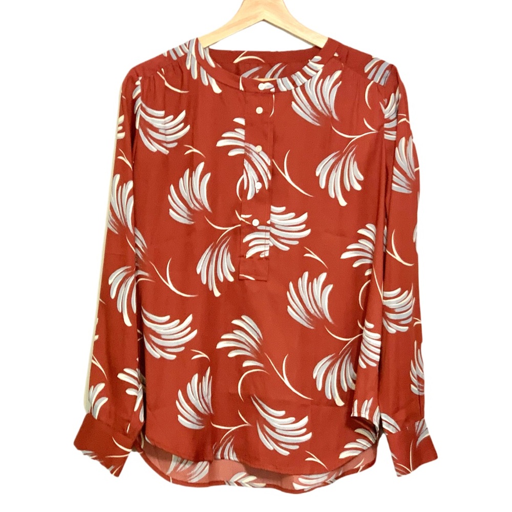 Ann Taylor Loft Brick Red Floral Long Sleeve Henley Casual Top Small Modest